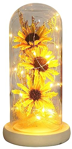 Artificial Sunflower in Glass Dome Gifts with Led Light Strip Enchanted Sunflower Lamp Home Decor Romantic Gifts for Valentines Day Mothers Day Birthday Anniversary Christmas Thanksgiving (Yellow)