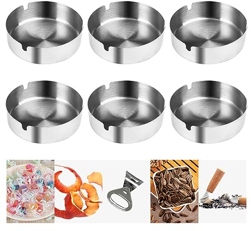 6 Pièces Argent Cendrier Inox Exterieur et Intérieur Acier Inoxydable Grand Moderne Cendrier Set,Métal Ashtray Rond De Haute Qualité Pour Jardin Cuisine Accueil Bureaux Hôtels Restaurants,10x10x3cm