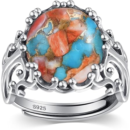 BONLAVIE Ovaler Türkisfarbener Ring, Stacheliger Türkis Ringe, Hohl Muster Zinkeneinstellung Offener Vintage Ring 925 Silber, Verstellbare Ringe für Frauen, Silberring 925 Damen
