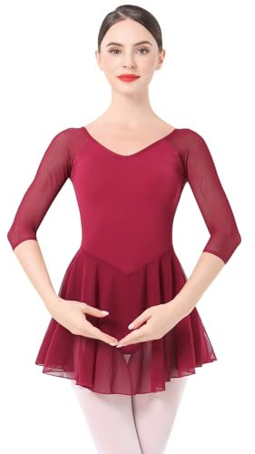 IMEKIS Women Ballet Dress 3/4 Sleeve Gymnastic Leotard Dance Bodysuit with Chiffon Skirt Ballerina Dancewear Dark Red XL