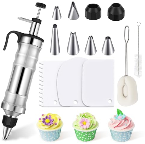 HYEIOL Cake Icing Piping Kit 14-Piece Set,400 ml Cake Decorating Syringe Kit,Reusable Professional Baking Tools with 6 Nozzles for Cupcakes Cream Cake Cookie Decoration