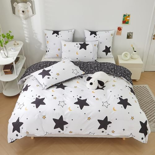 Luofanfei Bettwäsche Sterne 135x200 Sternenhimmel Sterne Schwarz Weiß Jungen Mädchen Kinder Kinderbettwäsche Sternen Motiv Wende Bettwäsche Set und Kissenbezug 80x80cm mit Reißverschluss