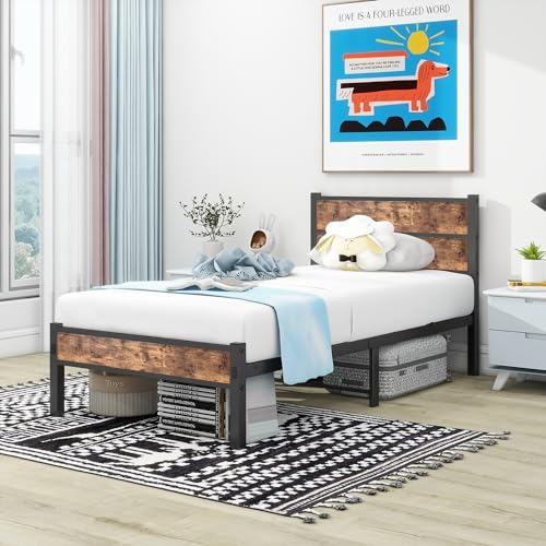 DUMEE Single Bed Frame with Wooden Headboard and Footboard, Metal Wooden Bed Frame 3FT Under Bed Storage, No Box Spring Needed, Enhanced Support Noise Free (Black+Brown Oak)