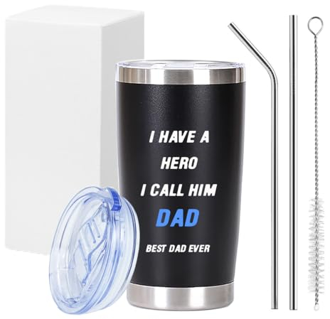 Shinhoo Personalised Father's Day Gift Ideas, 20oz Insulated Travel Mug Coffee Cup for Father, I Have A Hero, I Call HIM DAD, Best DAD Ever Tumbler with Straw and Lid for Dad's Birthday Present