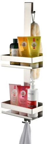 Shower Caddy Hanging Over Door - No Drilling Shower Organiser Stainless Steel Shower Shelves with Hooks - Brushed Nickel Bathroom Shower Rack Basket Storage