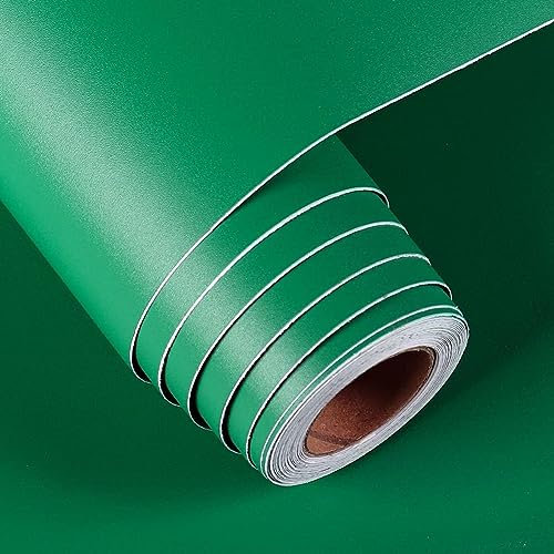 FunStick 60CM×5M Papier Peint Salon Vert Papier Adhesif Decoratif Mural Papier Peint Uni Vert Papier Vinyl Adhesif pour Table de Cuisine Chambre Imperméable Papier Adhesif pour Meuble Vert Revêtement