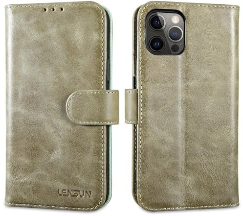 LENSUN Leather Case for iPhone 12/12 Pro, Genuine Leather Mobile Phone Case with Magnetic Closure and RFID Blocker - Vintage Green