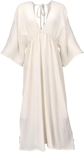GURU SHOP Boho Sommerkleid, luftiges Langarm-Baumwollkleid, Maxikleid | Baumwolle, tiefer Ausschnitt, lose Passform, schwingender Rock, elegantes Design, ideal für Sommer