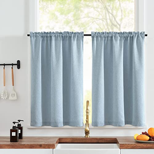TOPICK Faux Linen Kitchen Curtains 24 Inch Drop Small Cafe Curtains Privacy Textured Curtain Tiers for Bathroom Sink Laundry Rod pocket 2 Panels Blue