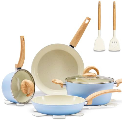 Vkoocy Blue Non Stick Pots and Pans Set, Healthy Ceramic Cookware Set, 12pcs Kitchen Cooking Pots and Frying Sauce Saute Pans Set, PFAS-Free with Kitchen Utensils and Lid