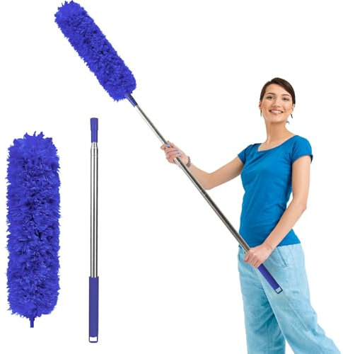 Fogray Extendable Feather Duster, Bendable Microfiber Dusters with Extra Long Telescopic Extension Pole and Soft Silicone Cap, Washable for Cleaning Roof, High Ceiling Fan, Blinds(Dark Blue)