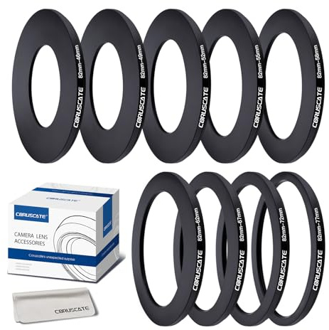 9Pcs 82mm Filter Ring Adapter Set,Metal Step Down Ring for All Brands UV ND CPL 82-46mm,82-49mm,82-52mm,82-55mm,82-58mm,82-62mm,82-67mm,82-72mm,82-77mm+Lens cleaning cloth