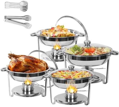 yoakaiax Set di scaldavivande per buffet da 5 qt, set di 4 scaldavivande rotondi in acciaio inox, scaldavivande e scaldavivande per buffet, per feste, matrimoni, campeggio, cene, 1 set