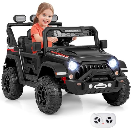 GOPLUS Voiture Electrique Enfants 2 Places 12V avec Télécommande, Lecteur Musique, Lumières LED, Quad 4x4 Electrique Enfants Démarrage Progressif, 3 Vitesses, pour Enfant 3+ Ans,Charge 30KG (Noir)