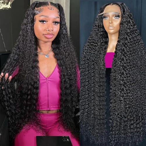 KVFCT 30 Inch Deep Wave Lace Front Wigs Human Hair 13x6 HD Transparent Deep Wave Lace Front Wigs for Women 200% Density Curly Lace Front Wig Pre Plcked Deep Wave Wigs with Baby Hair