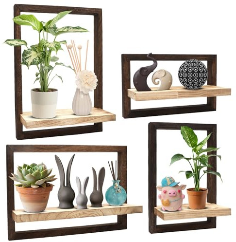 Gohytal Wandregal Holz 4er Set, Schwebende Regal für die Wand Deko Quadratische Wand Deko Wandregal Holz und Metall Hängeregal für Schlafzimmer Wanddeko Wohnzimmer Küche Badezimmer