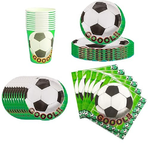 Kinder Geburtstagsparty Tischset für 10 Gäste, inklusive 10 Pappteller, 10 Becher und 20 Servietten mit Fußball-Motiv