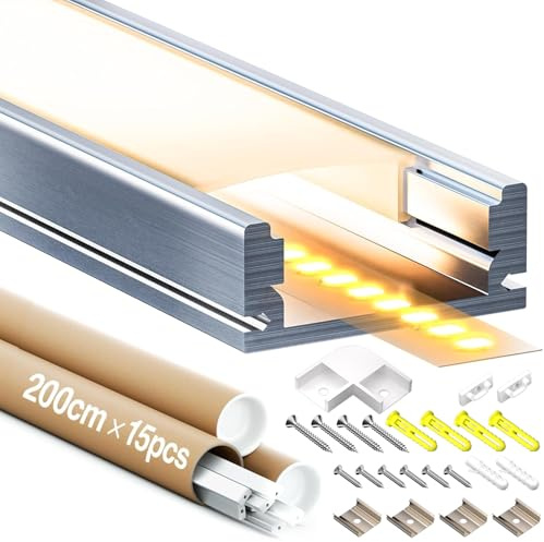 LED Profil 15*2m（30m）Aluminium U-Form mit Milchig Weißer Abdeckung Kanal Diffusor Alu Profil LED leisten Schienen kanalleiste Aluprofil Streifen Profile lichtkanal led strip aluschiene unterputzprofil