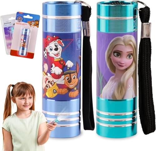 SRV Hub Lot de 2 torches de Noël pour enfants, La Reine des Neiges et Pat' Patrouille, lampes de poche LED super lumineuses en aluminium, veilleuses avec cordon pour voyage, lampes de poche de Noël