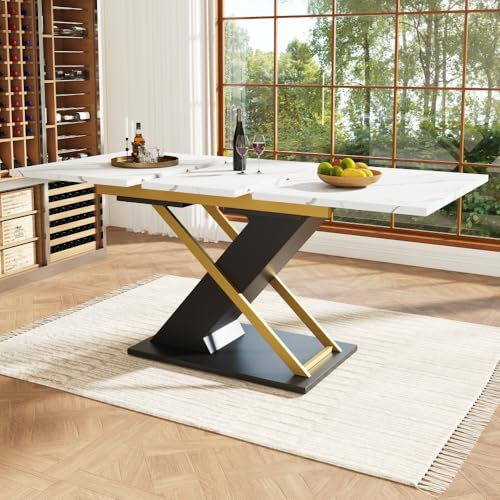 OCACA Esstisch Ausziehtisch (120-160×80cm), Küchen-Wohnzimmertisch, Ausziehtisch, mit Hilfe von innenliegender Einlegeplatte auf 160-200cm ausziehbar, Esstisch mit goldenen Kreuzbeinen