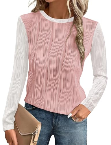 Gemulate Womens Blouses Ladies T-Shirts Fall Winter Trendy Dressy Tops Long Sleeve Color Block Jumper Pink White M