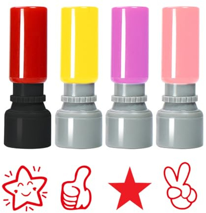 SGERUFZ 4 Stück Selbstfärbende Lehrer Stempel Lob Ermutigung Kinder Lehrer Bewertung Belohnung Motivation Briefmarken Cartoon Stempel Lob Siegel Ermutigung Farbige Kappen in zufälliger Farbe
