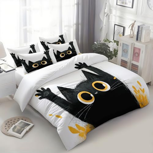 Generisch Bettwäsche 135x200 cm Cartoon Tiere Schwarze Katze Weiß 3D Bedruckte Bettbezug Einfache Pflege 3-Teiliges Bettwäsche Set Polyester Baumwolle mit Reißverschluss und 2 Kissenbezug