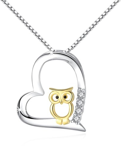 REDSUN 925 Sterling Silber Herz Eule Kette Damen 18K Vergoldet Two Tone Eulen Gold/Roségold/Schwarz Anhänger Schmuck Set für Freundin Frau Mutter Mädchen Tochter Geburtstag
