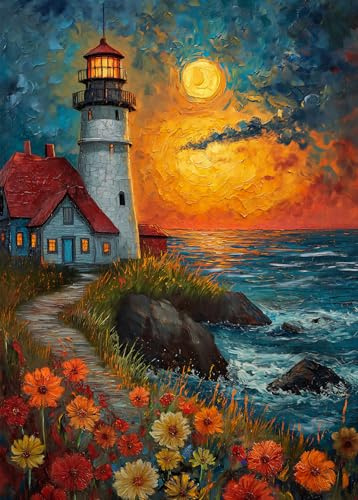 Bullglesup Puzzles für Erwachsene, 1000 Teile, Leuchtturm bei Sonnenuntergang mit Buchstaben-Poster auf der Rückseite, einzigartige Stücke, die gut gegen Staub geeignet sind (69,8 x 49,8 cm)