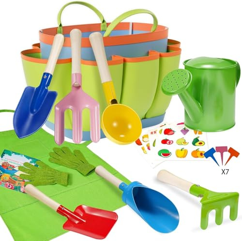 Gartenset für Kinder, 12-teiliges Gartenwerkzeug-Set für Kinder Gartenarbeit, Kleinkinder Gartengeräte Kit mit Schaufel, Gabel, Gießkanne, Handschuhen, Schürze und Tasche für Jungen und Mädchen