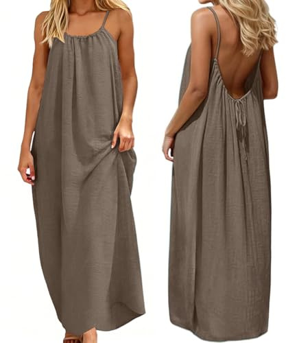 ABINGOO Vestido Verano Mujer Espalda Descubierta Largo Sin Mangas Vestidos | Color Sólido Holgado Casual Fluido Chic Fiesta Playa Maxi Dresses con Cordón