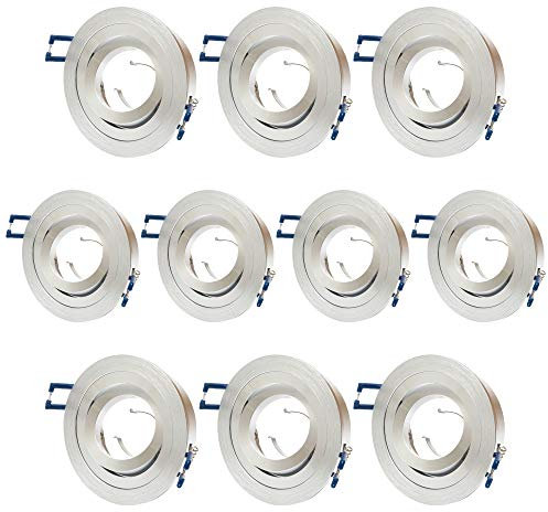 10x ALU Einbaustrahler GU10 Set – 10 Stück Aluminium Einbaurahmen Rund in Silber gebürstet Optik Inkl. GU10 Fassung für LED oder Halogen Leuchtmittel, 30° Schwenkbar, Rund, 230V