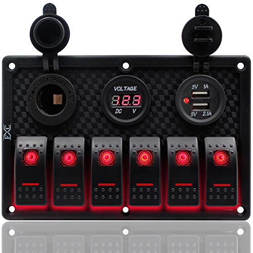 FXC Panel de interruptor basculante impermeable de 6 bandas con enchufe de doble ranura USB + encendedor de cigarrillos + pantalla digital de voltaje LED para coche, caravana, vehículos y camiones (6