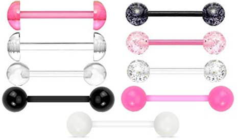 lot 9 piercing langue demi boule noir rose translucide flexible transparent blanche paillette