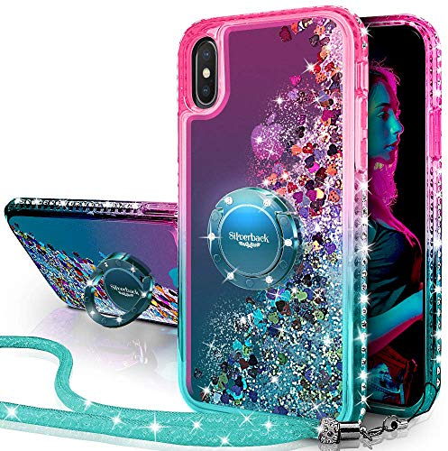Miss Arts für iPhone X/XS Hülle,[Silverback] Mädchen Glitzern Handyhülle Hülle mit Ringständer, Cover TPU Bumper Silikon Flüssigkeit Treibsand Clear Schutzhülle für iPhone X/XS -Grün