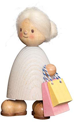 Kuhnert Drechslerei Dekoration/Holzfigur aus Massivholz mit Schafwollfrisur - Finn & Finja - Motiv: Finja mit Tasche - Höhe: ca. 9cm - Made in Germany