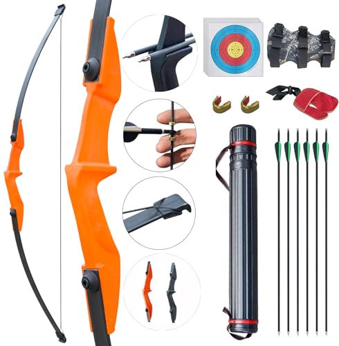 D&Q Recurve Bogen und Pfeil Set 30lbs 40lbs Erwachsene Bogenschießen Langbogen Kit Jagdbogen für Links- und Rechtshänder Anfänger(Orange,30lbs)