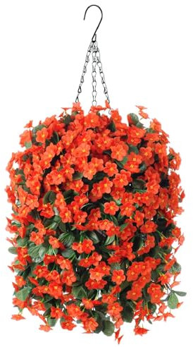 MJFloria Artificial Fake Fall Hanging Flowers Plants Baskets for Outdoor Outside, Faux Silk Autumn Orange Orchid Trailing Vines in Planter Realistic UV Resistant for Balcony Porch Decor