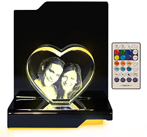 LOOXIS Photo en verre 3D dans un cœur (avec socle lumineux de qualité supérieure, M) – Votre photo dans un cœur en verre de viamant gravé au laser – Photo dans un verre en cristal comme cadeau photo.