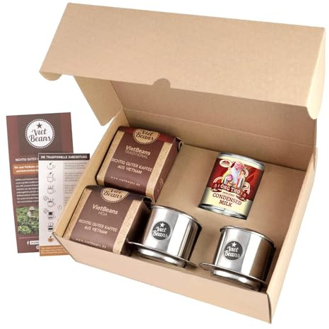 VietBeans Vietnamesisches Kaffee Starterset Frühstück zu zweit - 2 x 250g gemahlener Röstkaffee + 2 x Edelstahlfilter (Phin) + gez. Kondensmilch (Großes Frühstück zu Zweit)