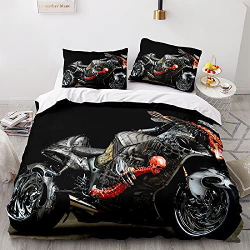 MBWLKJ Motorrad Bettbezug Set 135x200 Fahrer Motorräder Langlauf Rennen Bettwäsche 3D Druck Bedding Bettwäsche Set 3 Teilig Hohe Dichte Mikrofaser Bettbezug 2 Kissenbezug 80x80cm mit Reißverschluss
