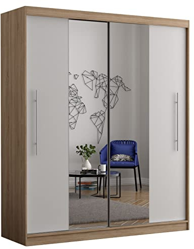 Fabryka Mebli Idźczak Kleiderschrank mit Spiegel, Wohnzimmerschrank - Weiß, Sonoma Schwebetürenschrank, Schlafzimmerschrank - ‎58 x 204 x 218 cm - Schrank für Schlafzimmer, Wohnzimmer, Garderobe