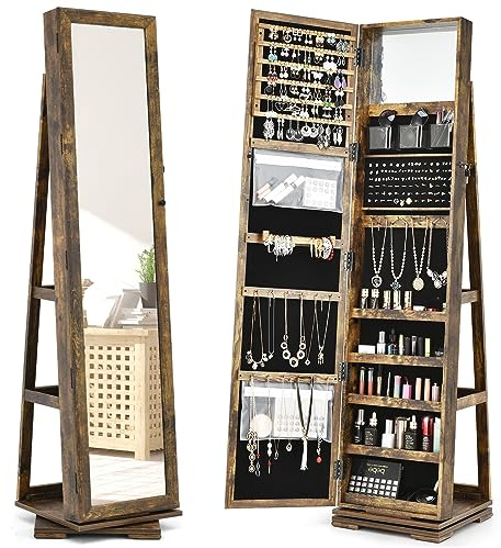 RELAX4LIFE Armadietto Portagioie con Base Girevole a 360°, Specchio da Terra, Specchio a Figura Intera, Organizzatore per Gioielli e Accessori (Industriale, 161x39x39cm)