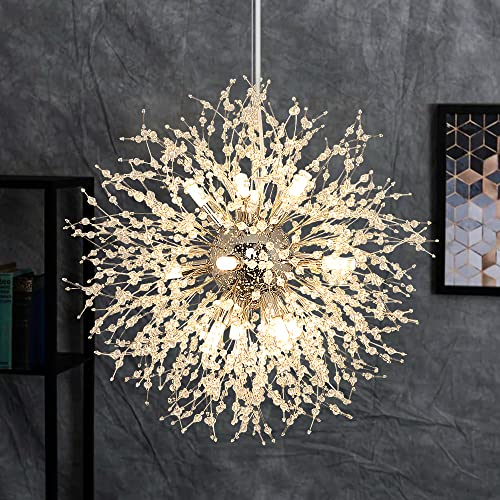 Depuley Kristall Kronleuchter Moderne, LED Pendelleuchte Chrom Löwenzahn Hängeleuchten Höhenverstellbar, 12 Lichter moderne Löwenzahn Pendellampe für Wohnzimmer, Esszimmer, Schlafzimmer, Küche