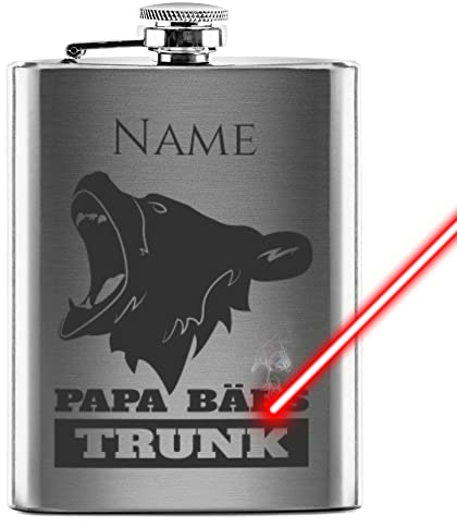 PR Print Royal Flachmann mit Gravur aus Edelstahl selbst gestalten - Papa-Bärs Trunk - mit Name gravieren - Geschenkidee für Papas, Männer - Praktische Taschengröße | Silber, 225 ml, Lasergravur