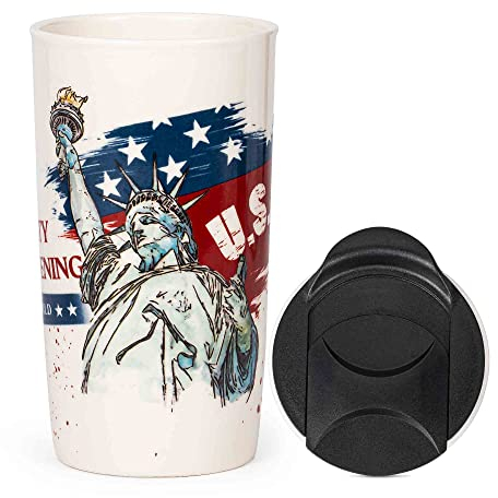 YEEYOUNG Venti Coffee Mug Large Milkshake Coke Cup With US Stars and Stripes Lady Liberty White Ceramic Suitable for Car Cup Holder