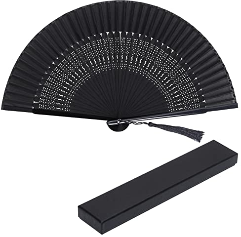 baotongle Schwarz Handfächer Faltfächer Chinesischer Bambus Hohlfächer Tuch Stoff Fan für Hochzeiten und Fasching, Party,Sommer, Haus Wand Dekoration