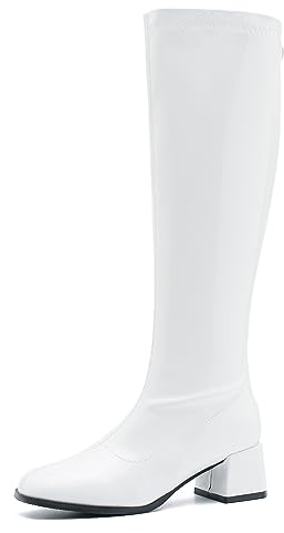 fereshte GOGO Stiefel für Damen, kniehohe Stiefel, mittelhoher Blockabsatz, Reißverschluss, Party, Tanzschuhe, Weiss/opulenter Garten, 42 EU