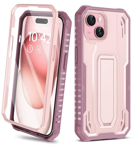 ORETECH for iPhone 15 Case, [Built-in Tempered Glass Screen Protector] [Built-in Kickstand] [Heavy Duty Protection] 2 in 1 Military Grade Shockproof Anti-Silp Cover for iPhone 15 Phone Case -Rose Gold