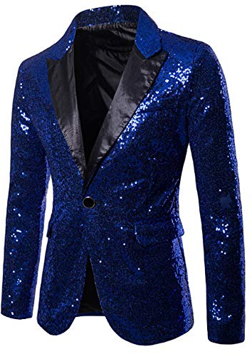 Dubute Herren Smoking Jacke Glänzende Pailletten Blazer Anzugjacke Slim Fit Party Magic Show Kleid Cosplay Kleid Blazer Mäntel, A-Blau, 48